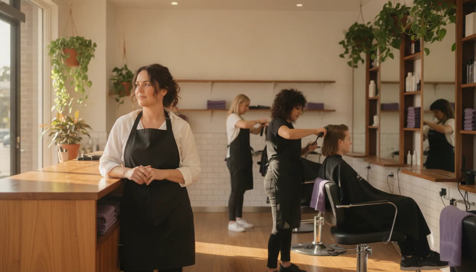 A salon owner at the front counter while her team works at every chair