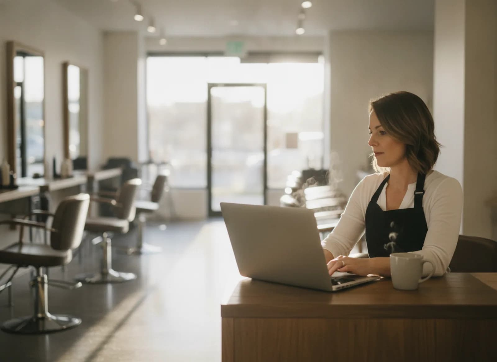 The salon owner typing on a laptop at the counter before opening