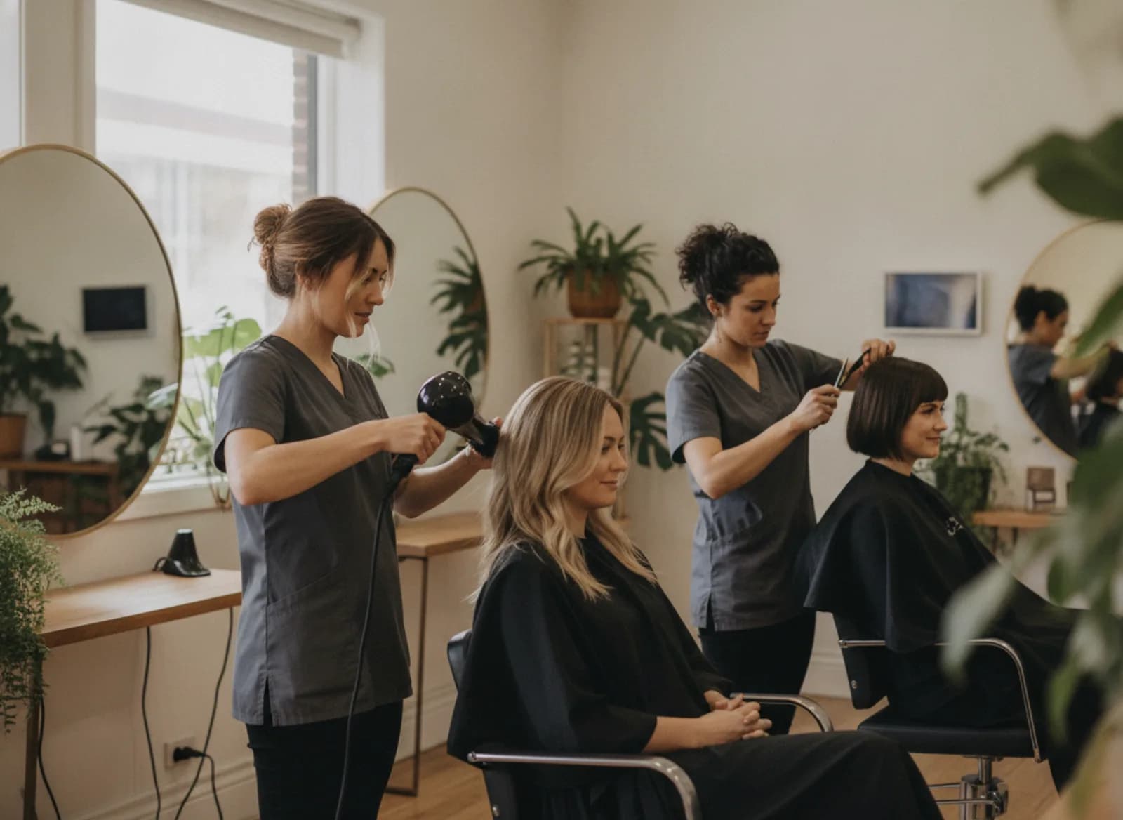 Stylists busy at every chair in a full salon