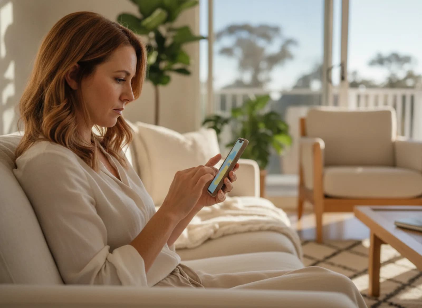 A client at home frowning slightly as she writes a message
