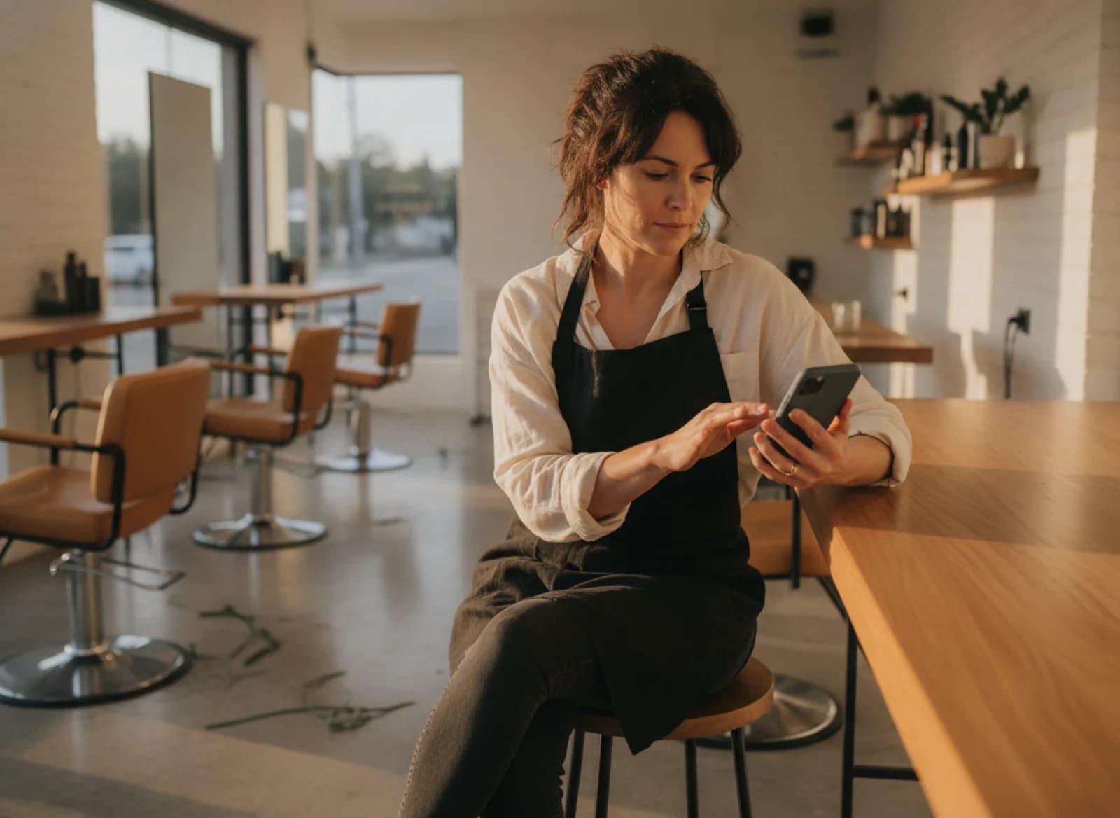 The salon owner on a stool at the counter reviewing her phone at closing