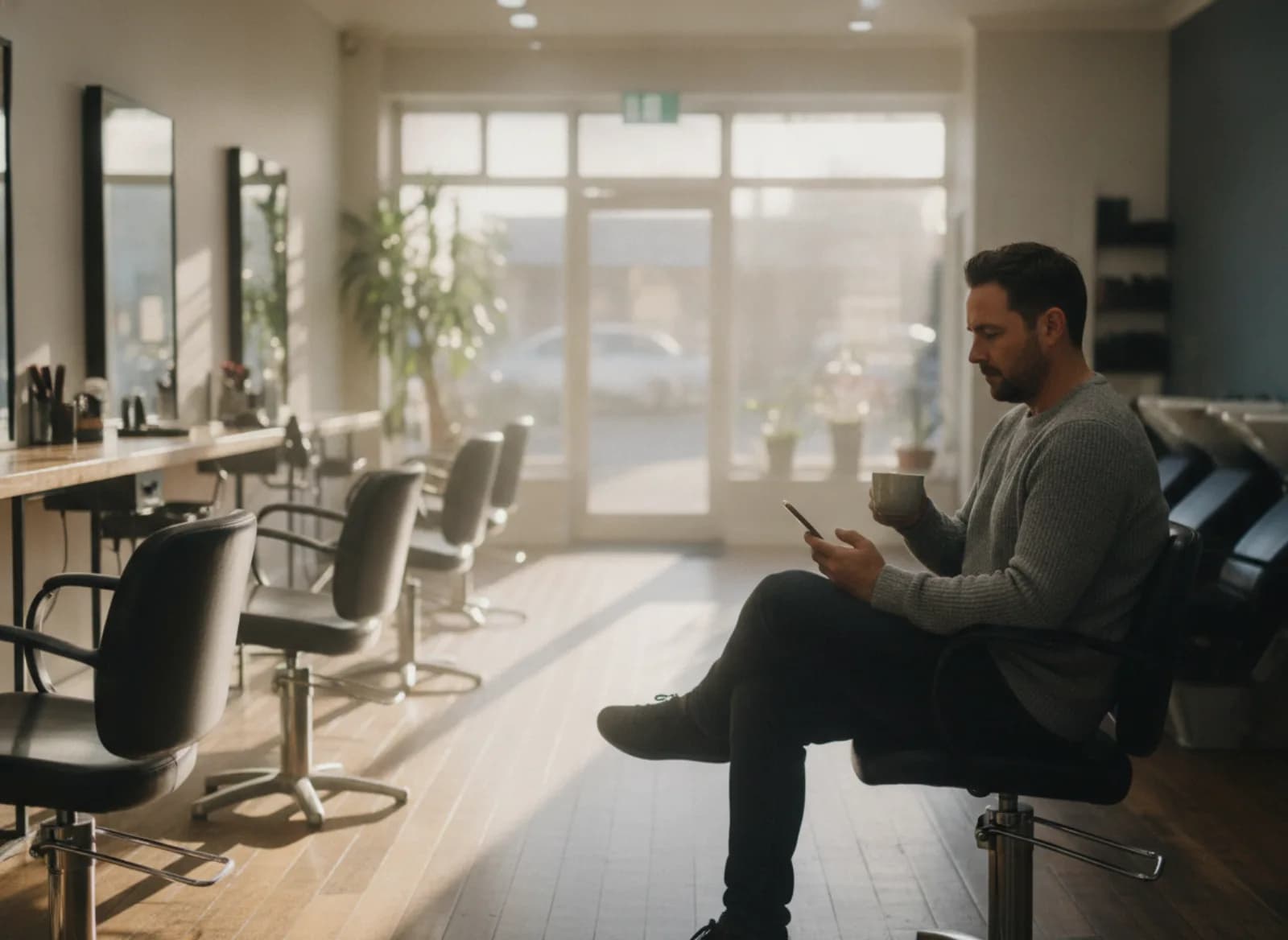A salon owner on a styling chair before opening, coffee in one hand and phone in the other
