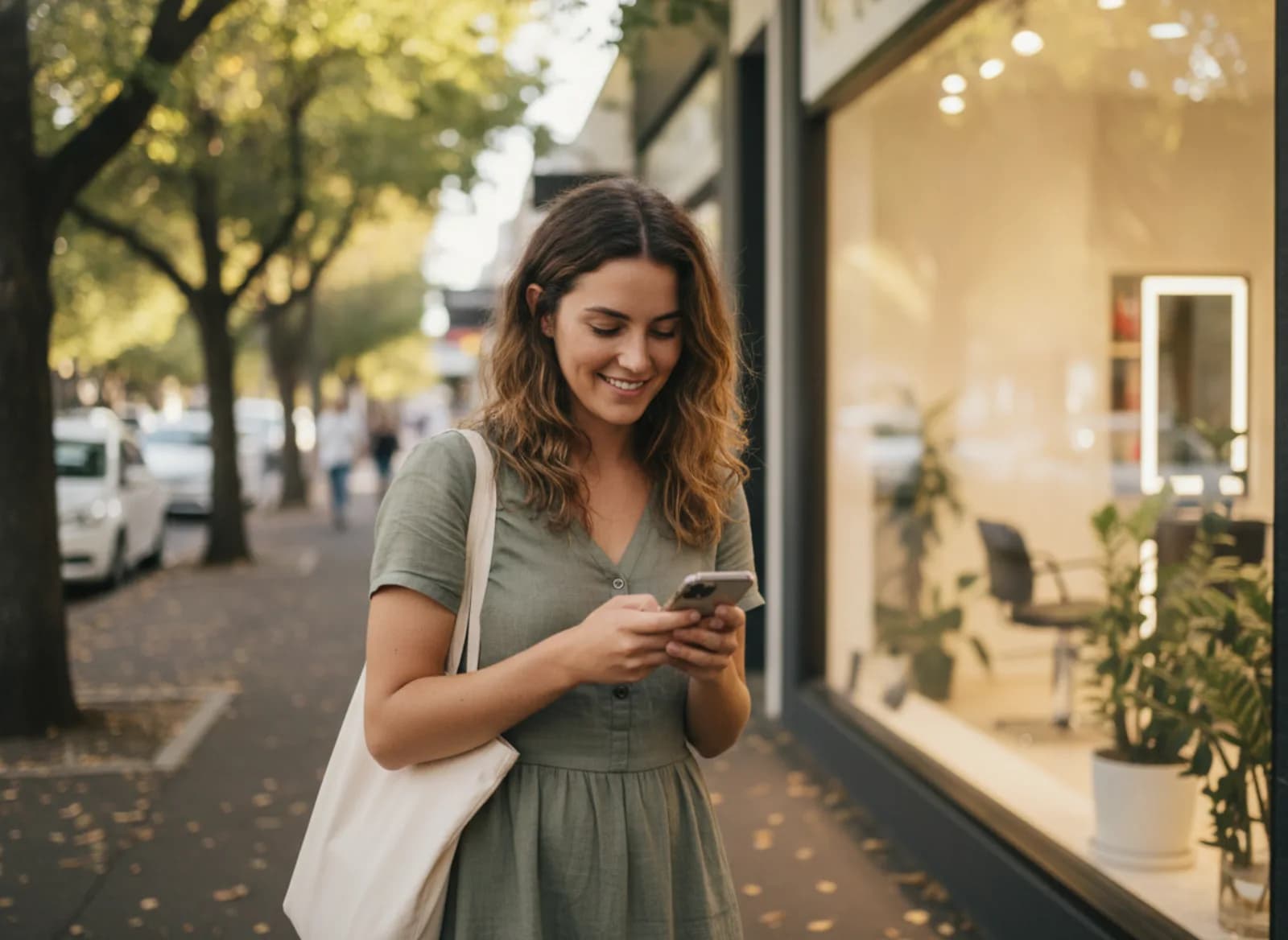 A young woman outside a salon reading her phone