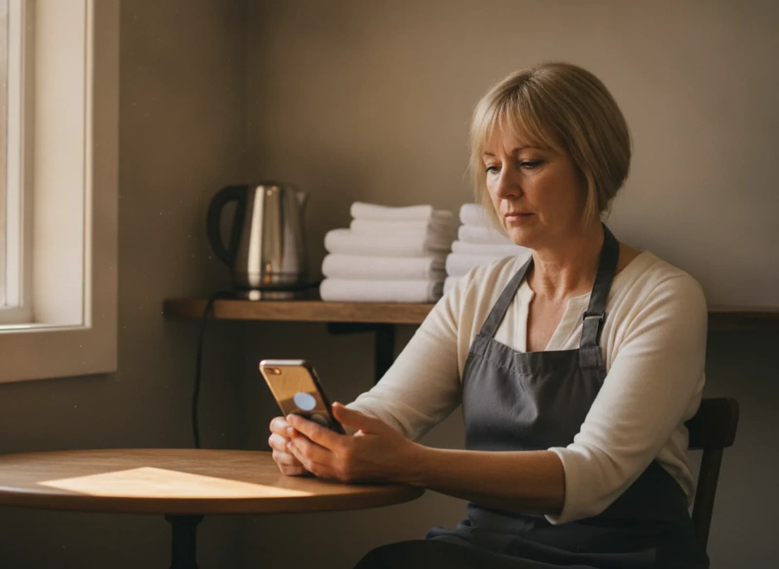 A salon owner in the back room reading her phone with a concerned look