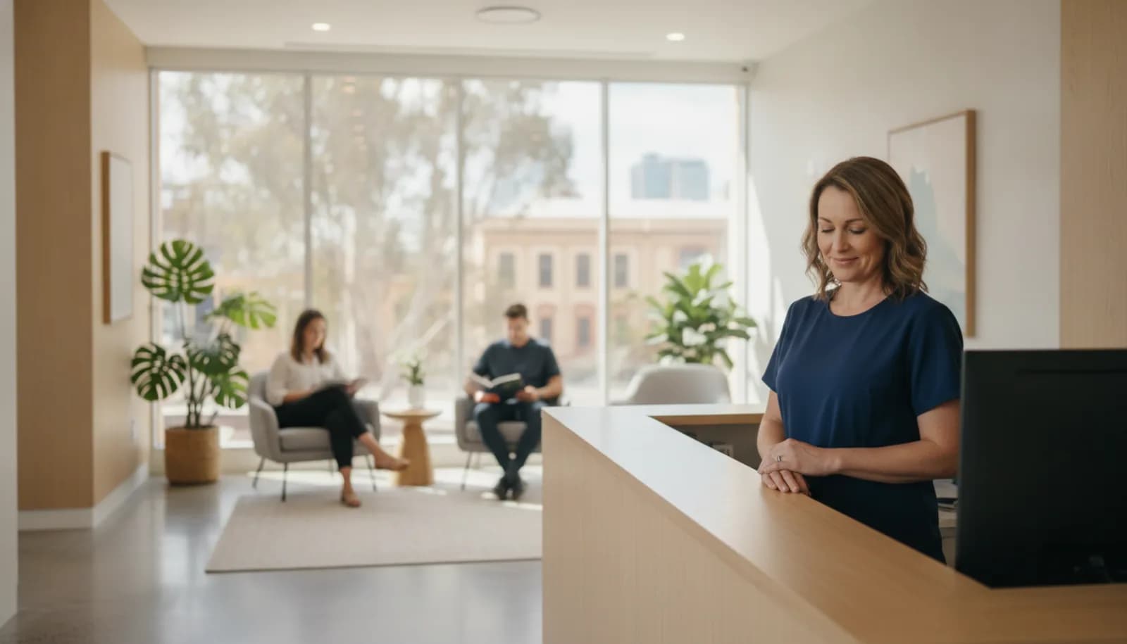 A practice manager at a clinic front desk on a calm morning, the waiting room behind her