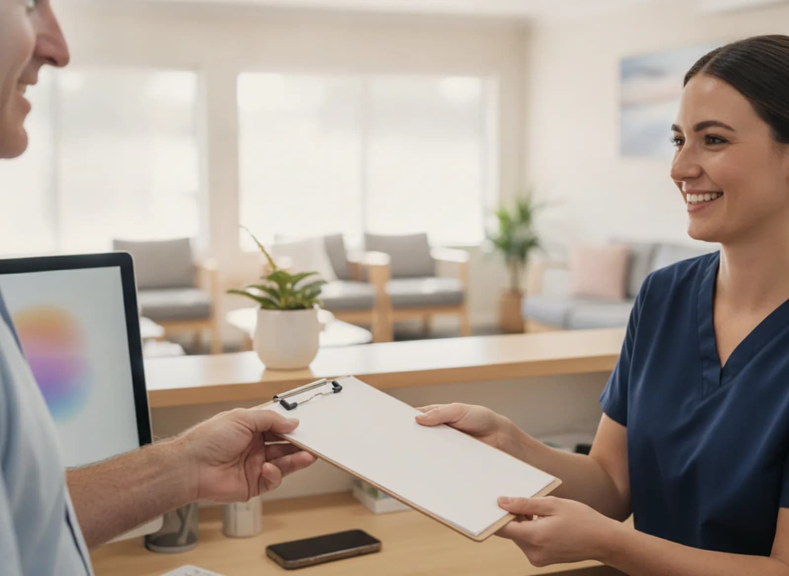 A receptionist smiling at a patient at the clinic desk
