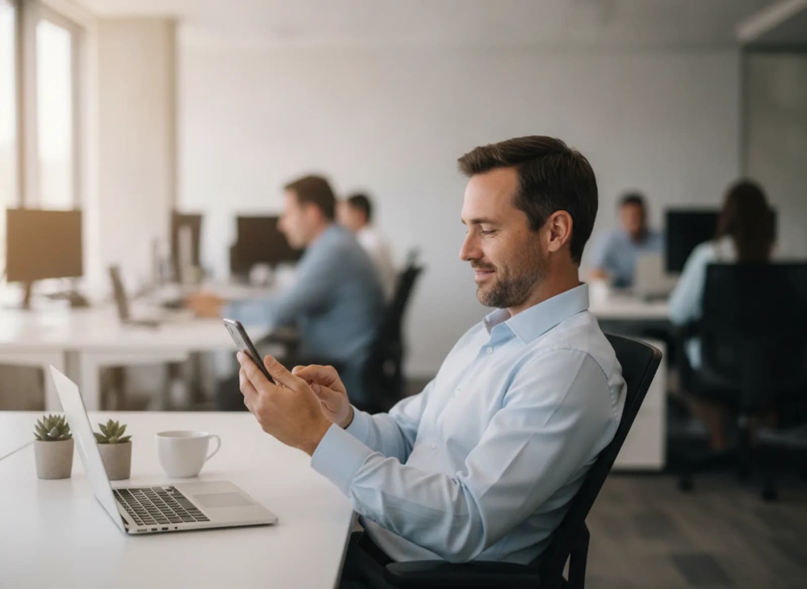 A man at his work desk replying to a message on his phone