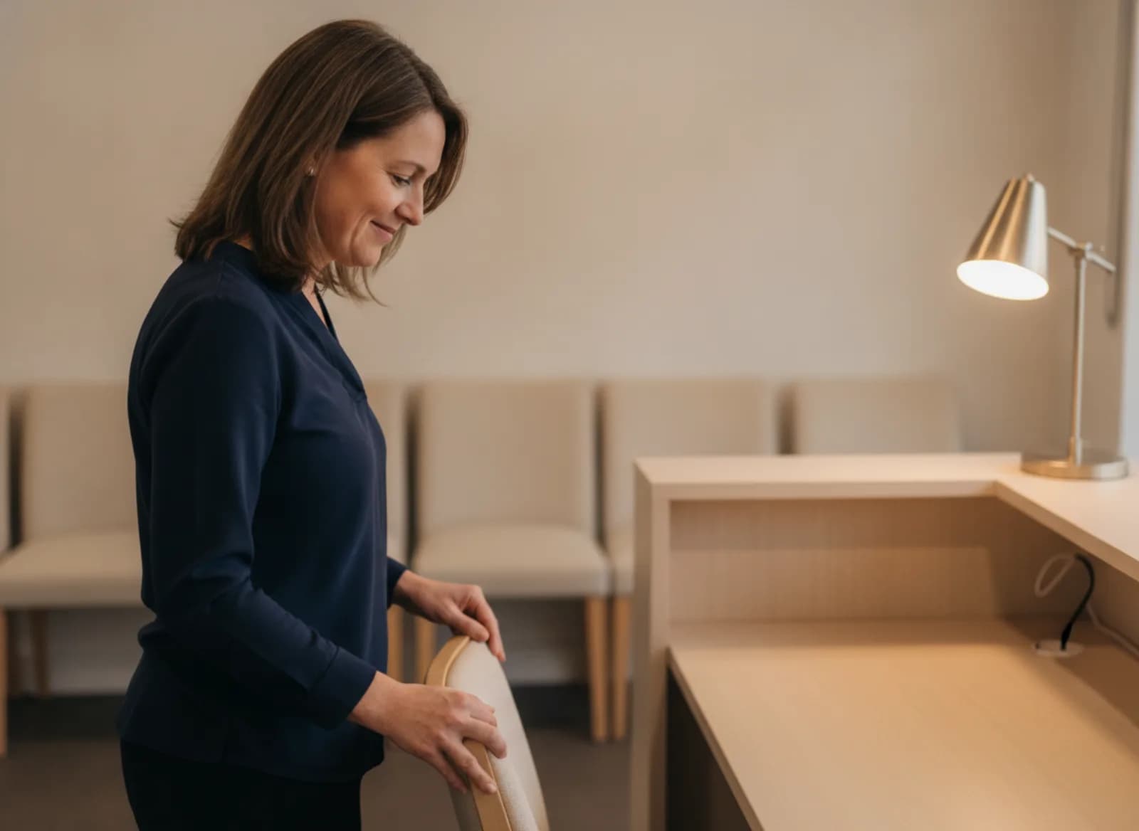 The practice manager tidying the front desk of an empty clinic in the evening