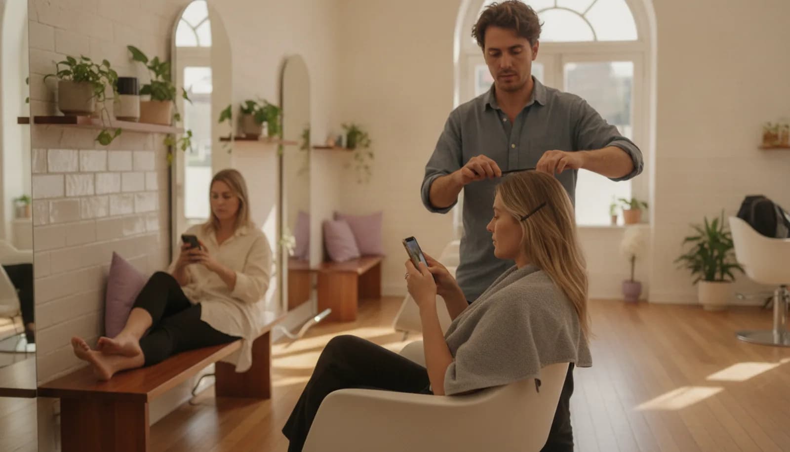 A client in a salon chair reading her phone while a stylist works on her hair
