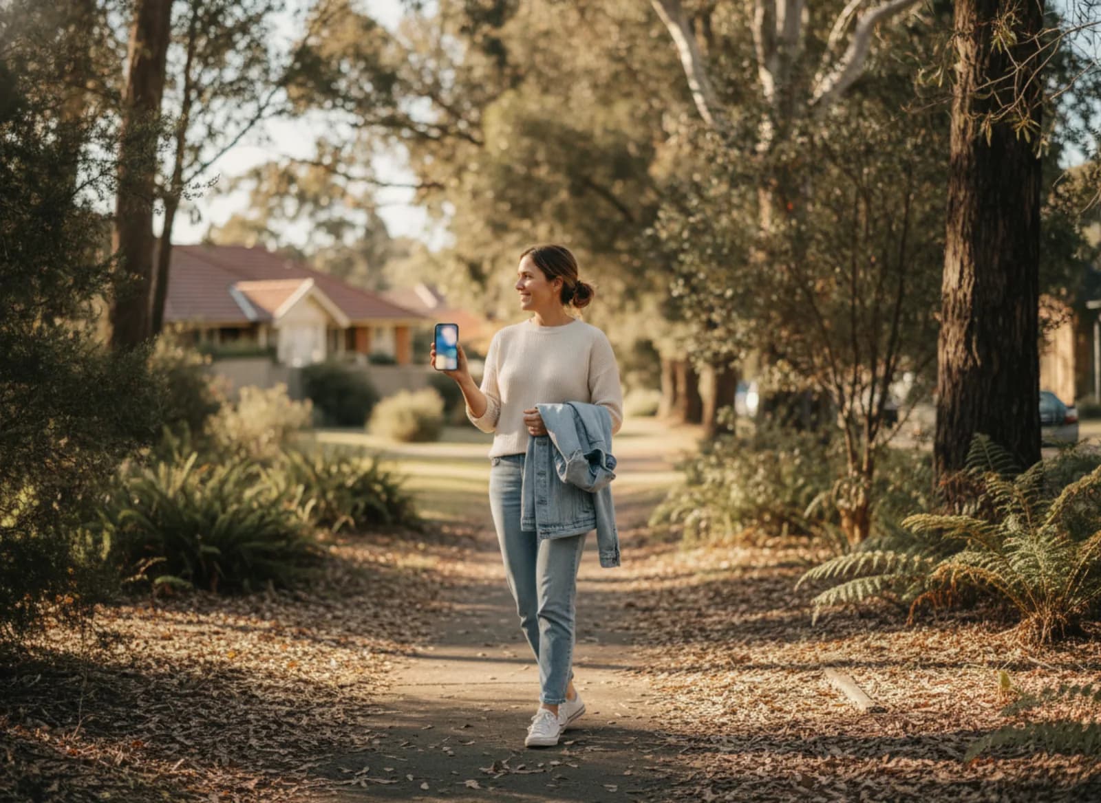 A woman on a leafy suburban street reading a message on her phone