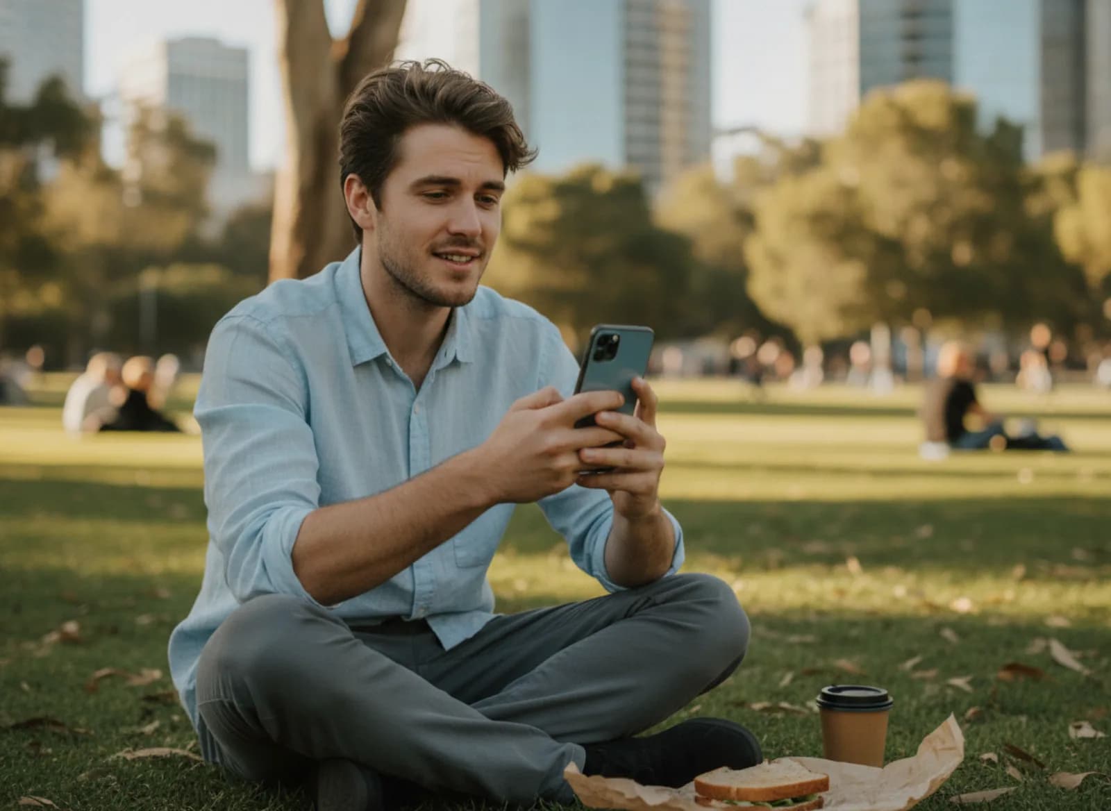 A young man in a park speaking into his phone on his lunch break