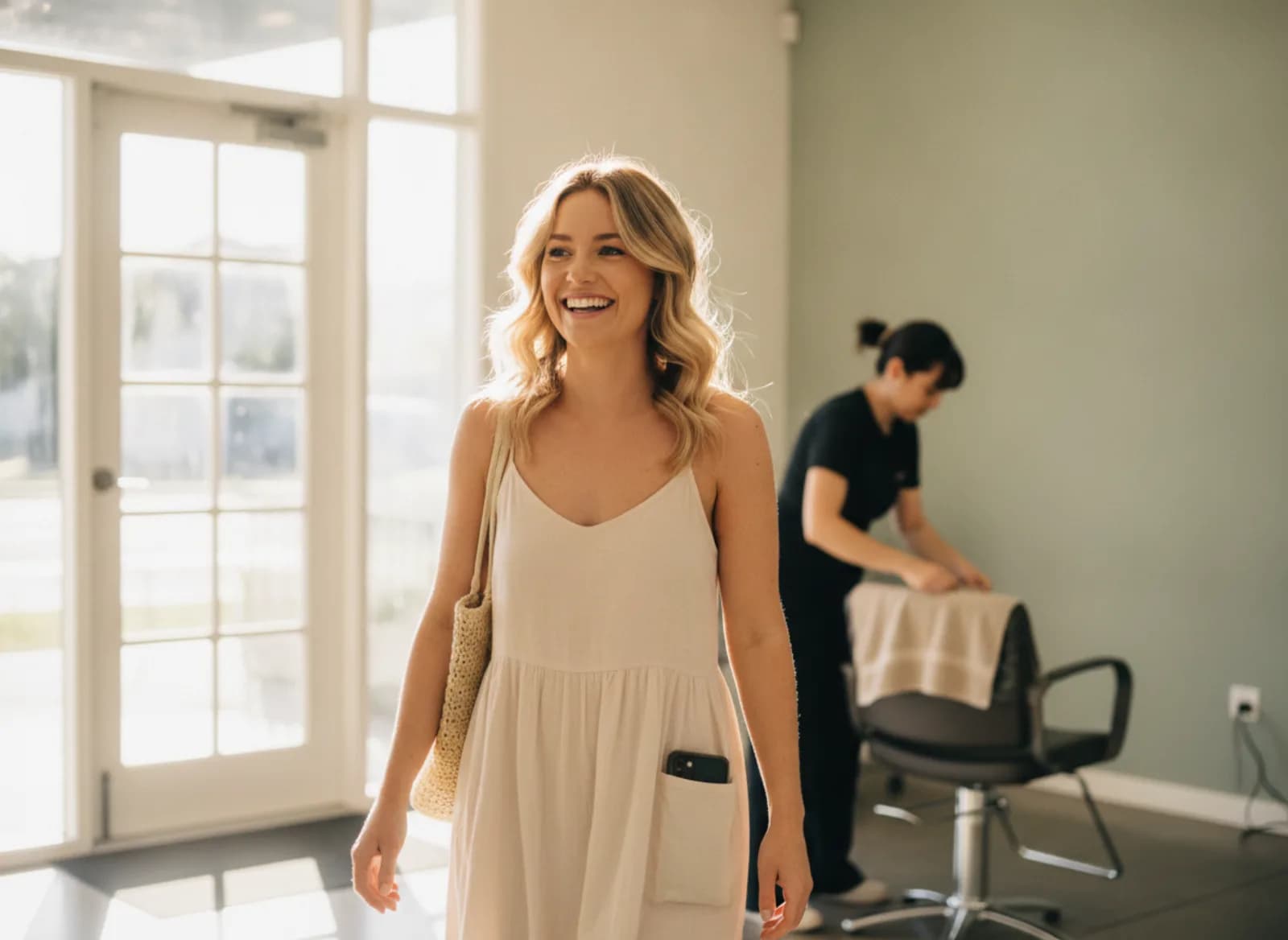 A smiling client touching her freshly styled hair at the salon counter