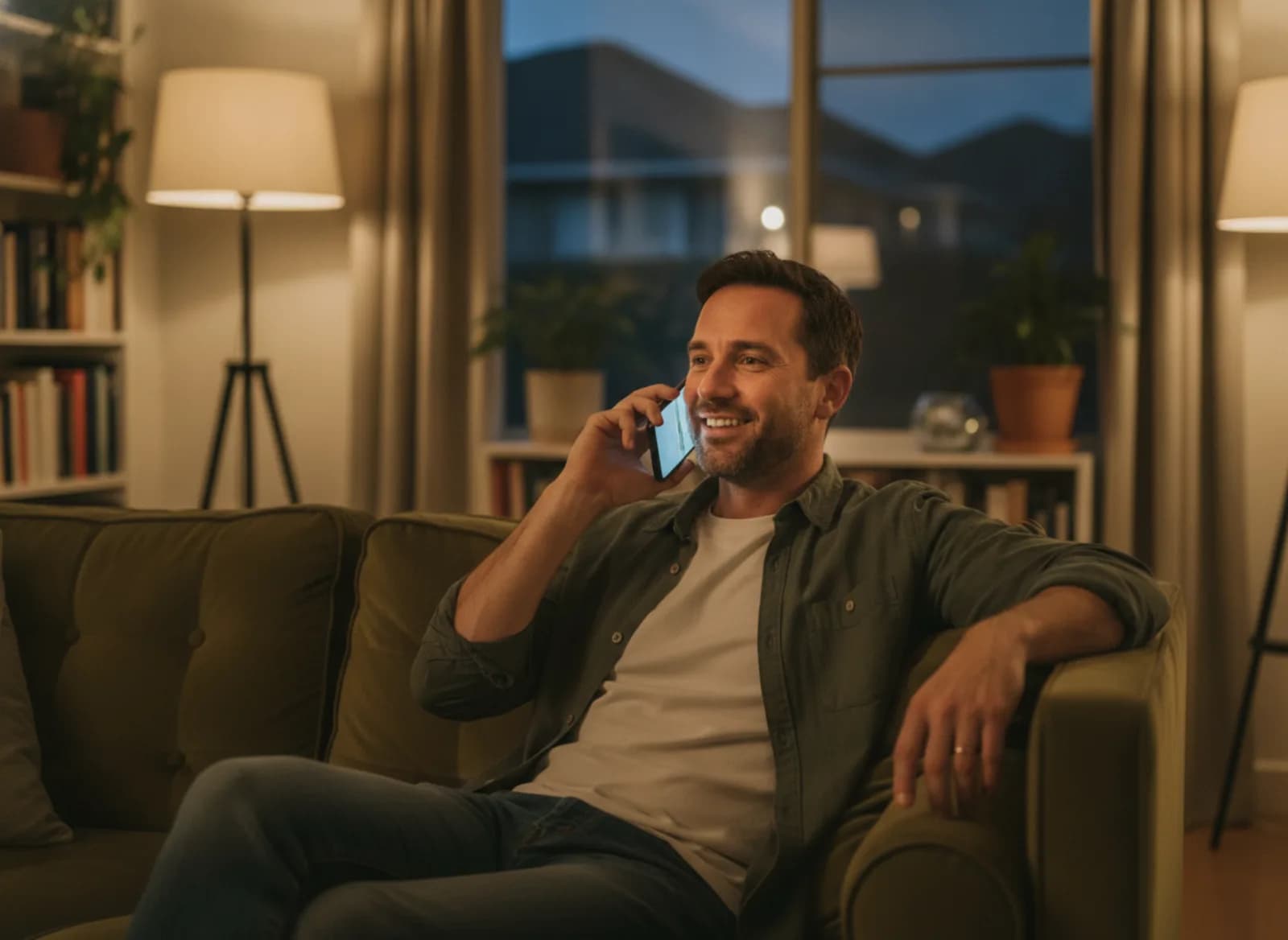 A man on a couch at home in lamplight talking on the phone