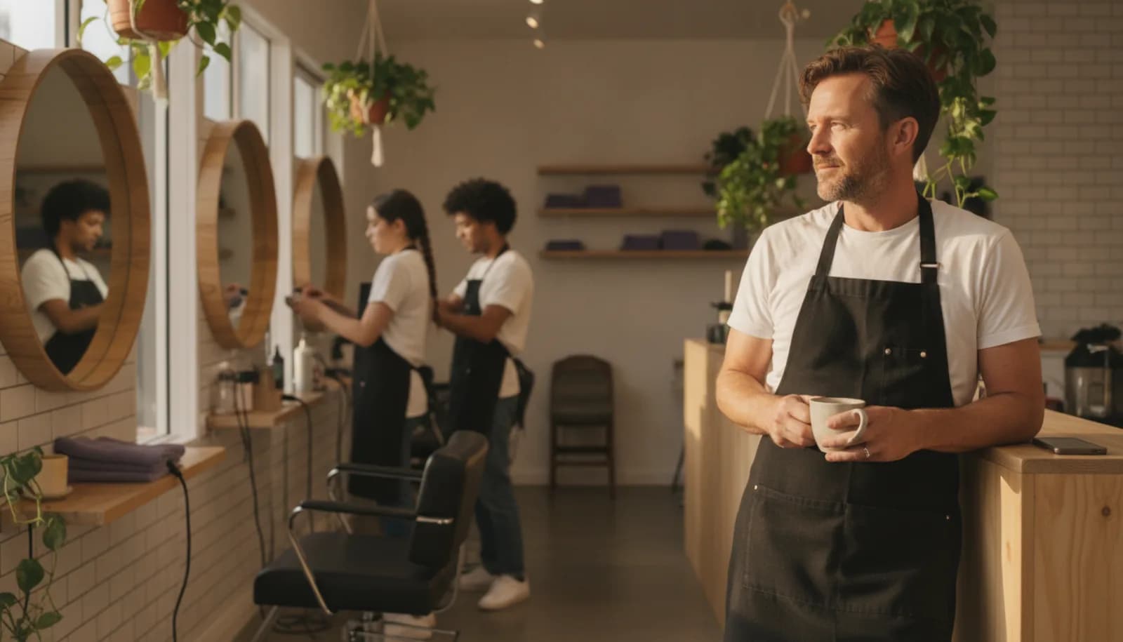 A salon owner with a coffee at the counter while stylists set up before opening