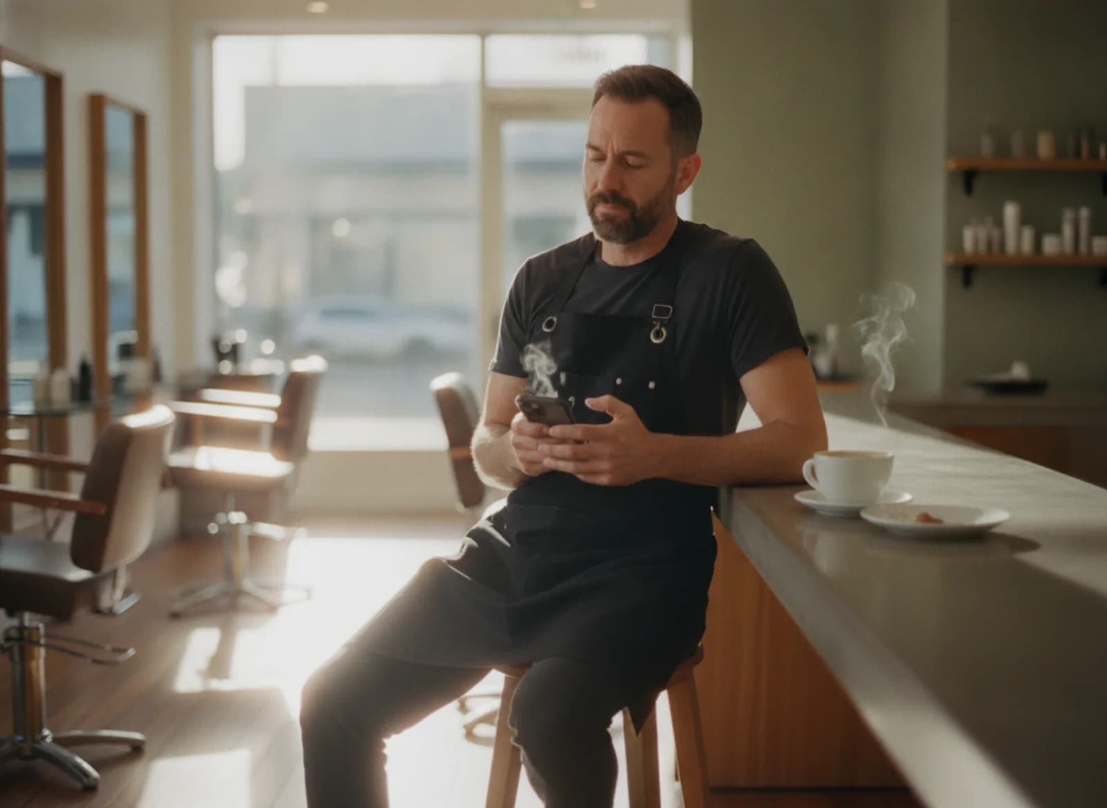 A salon owner reading his phone at the counter before opening