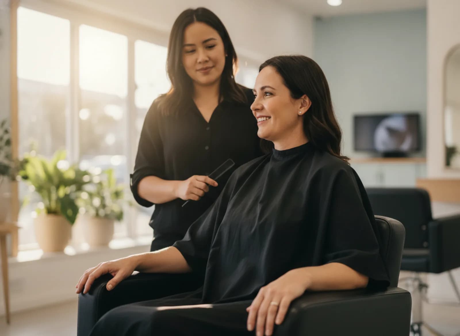 A regular client smiling at her stylist as she sits down