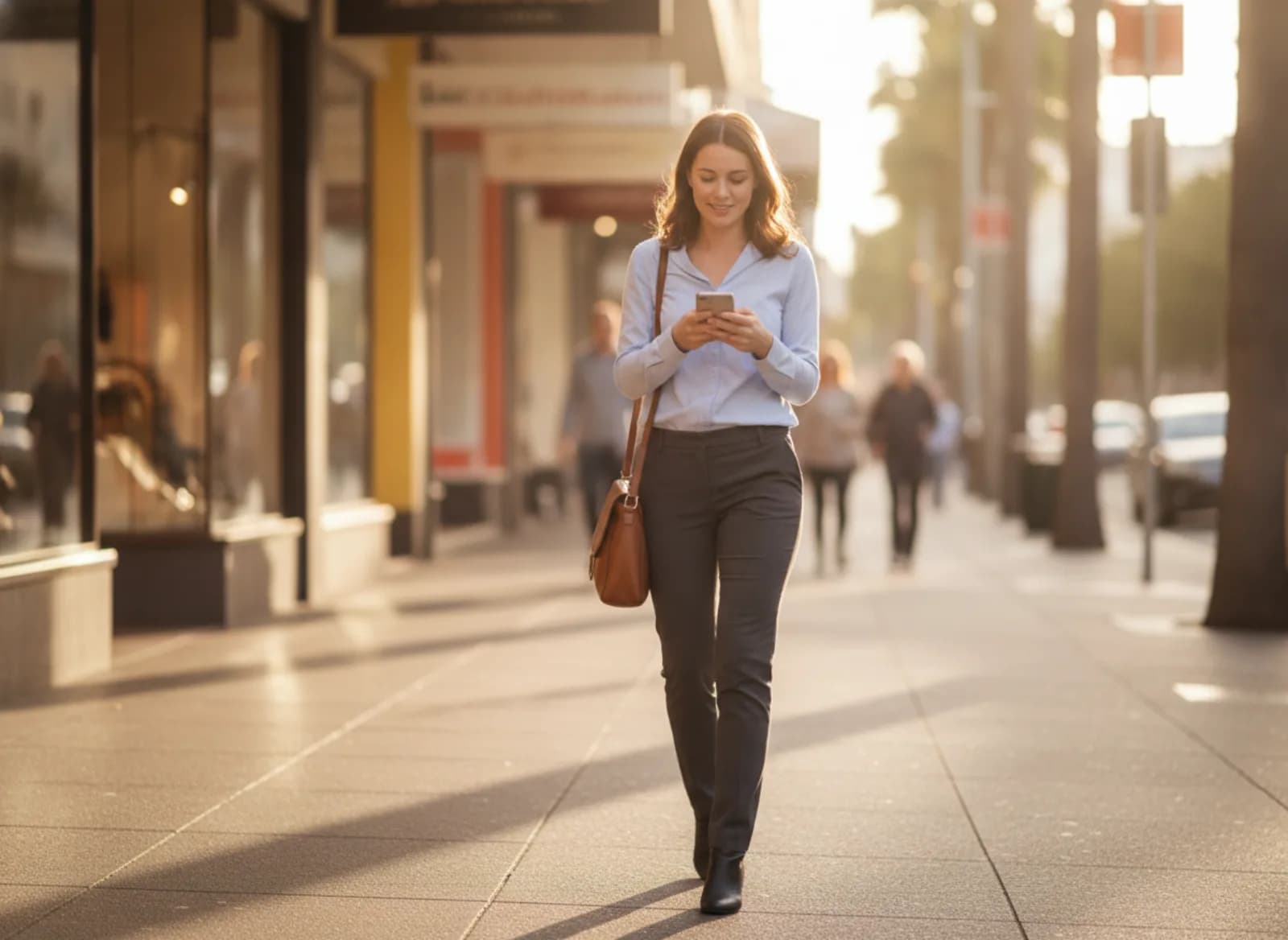 A young woman reading her phone on a city footpath