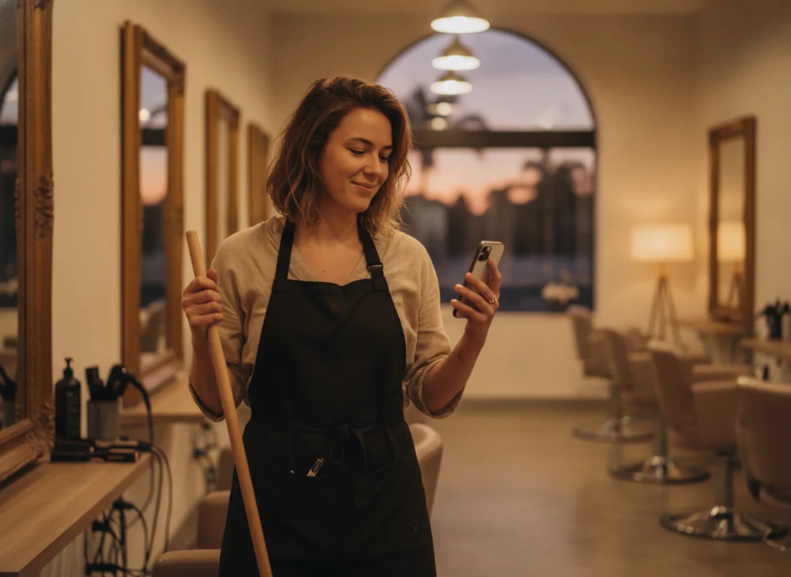 A stylist pausing to read her phone while sweeping up