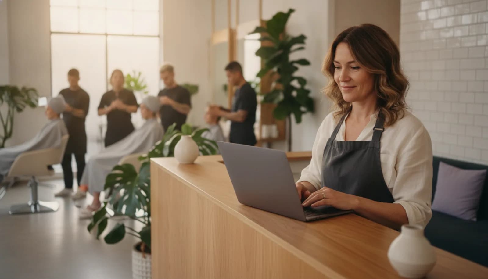 A salon owner reading a laptop at the reception counter between clients