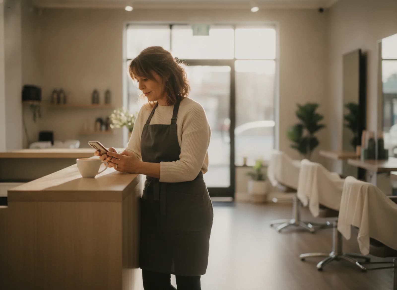 The salon owner with a coffee reading her phone before opening