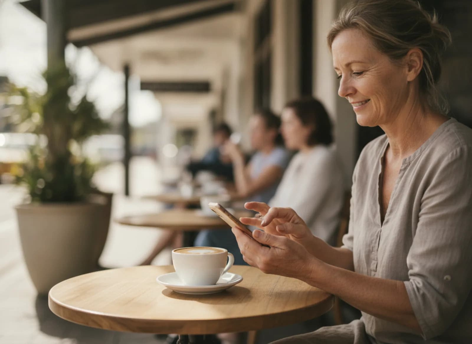 A woman at a sunny cafe table typing a message on her phone