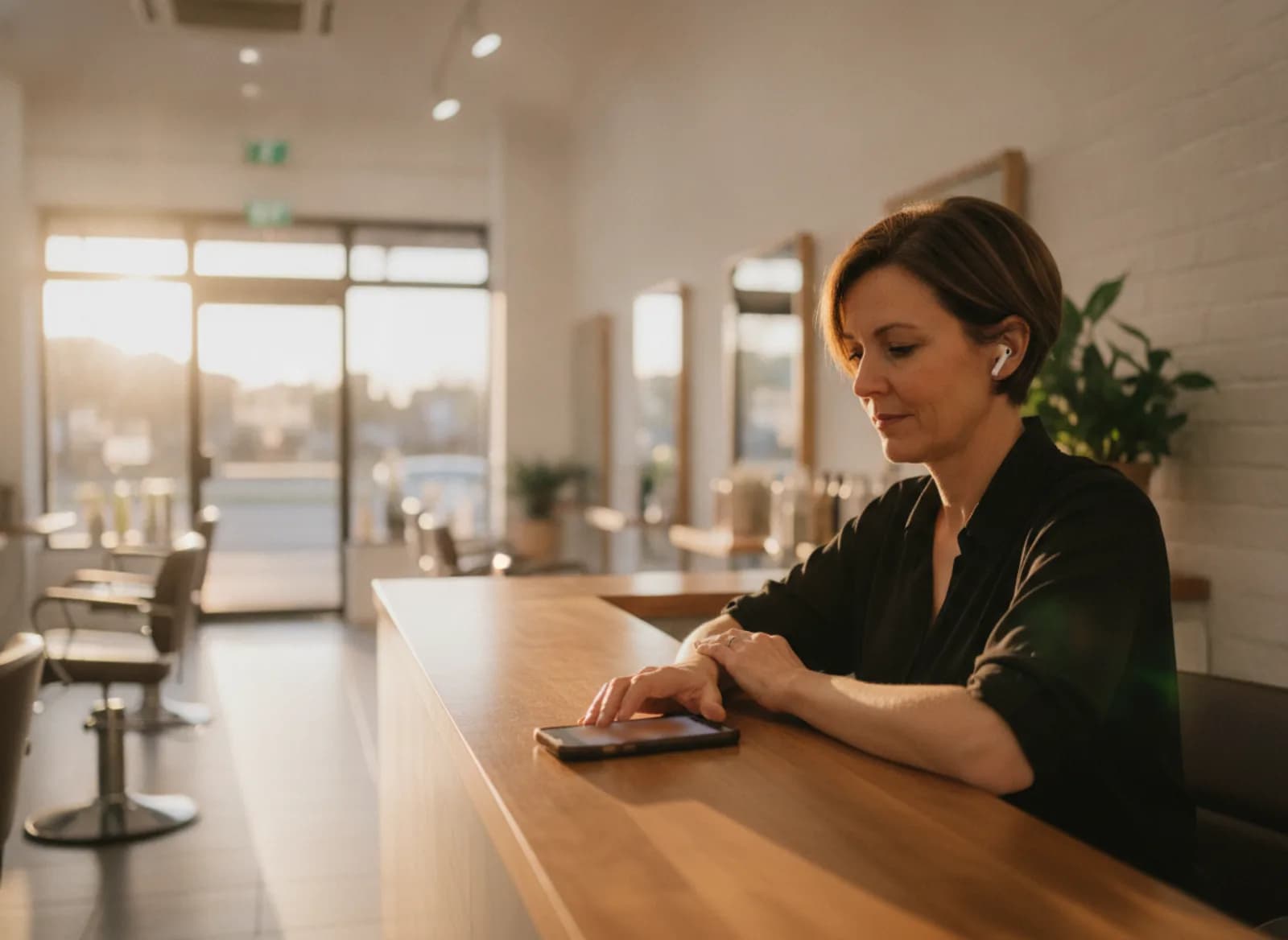 The salon owner listening on earbuds at the counter of the empty salon