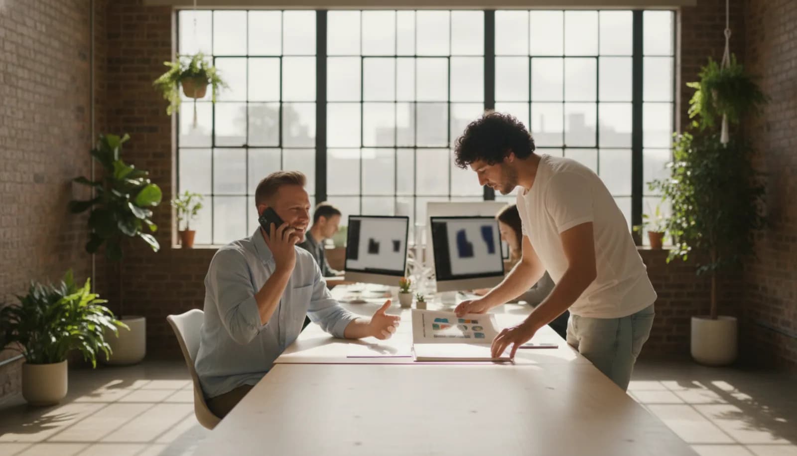 An account lead smiling on a phone call in a bright creative studio