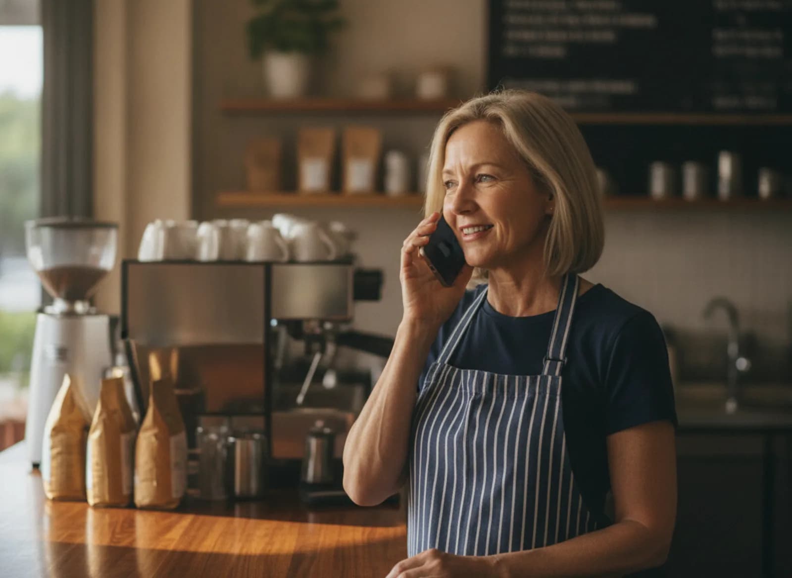 A cafe owner smiling on a phone call behind her counter