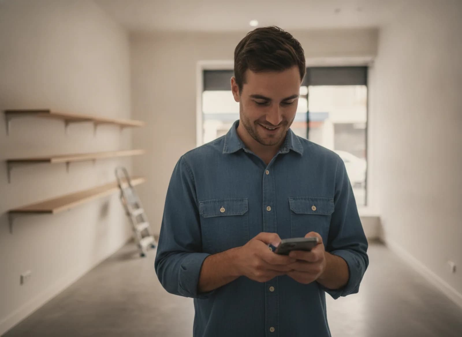 A shop owner in an empty fit out typing a message on his phone