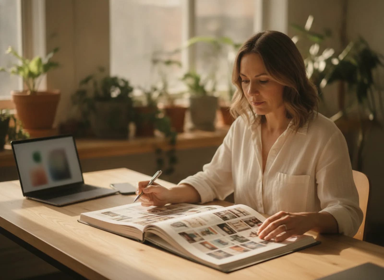 A studio founder leafing through a portfolio of past work