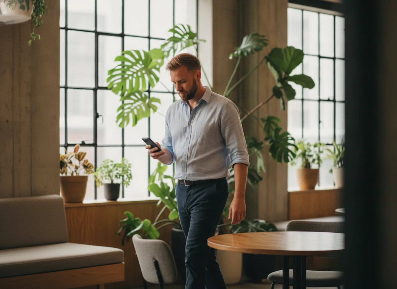 An account lead reading his phone on the way to a meeting table
