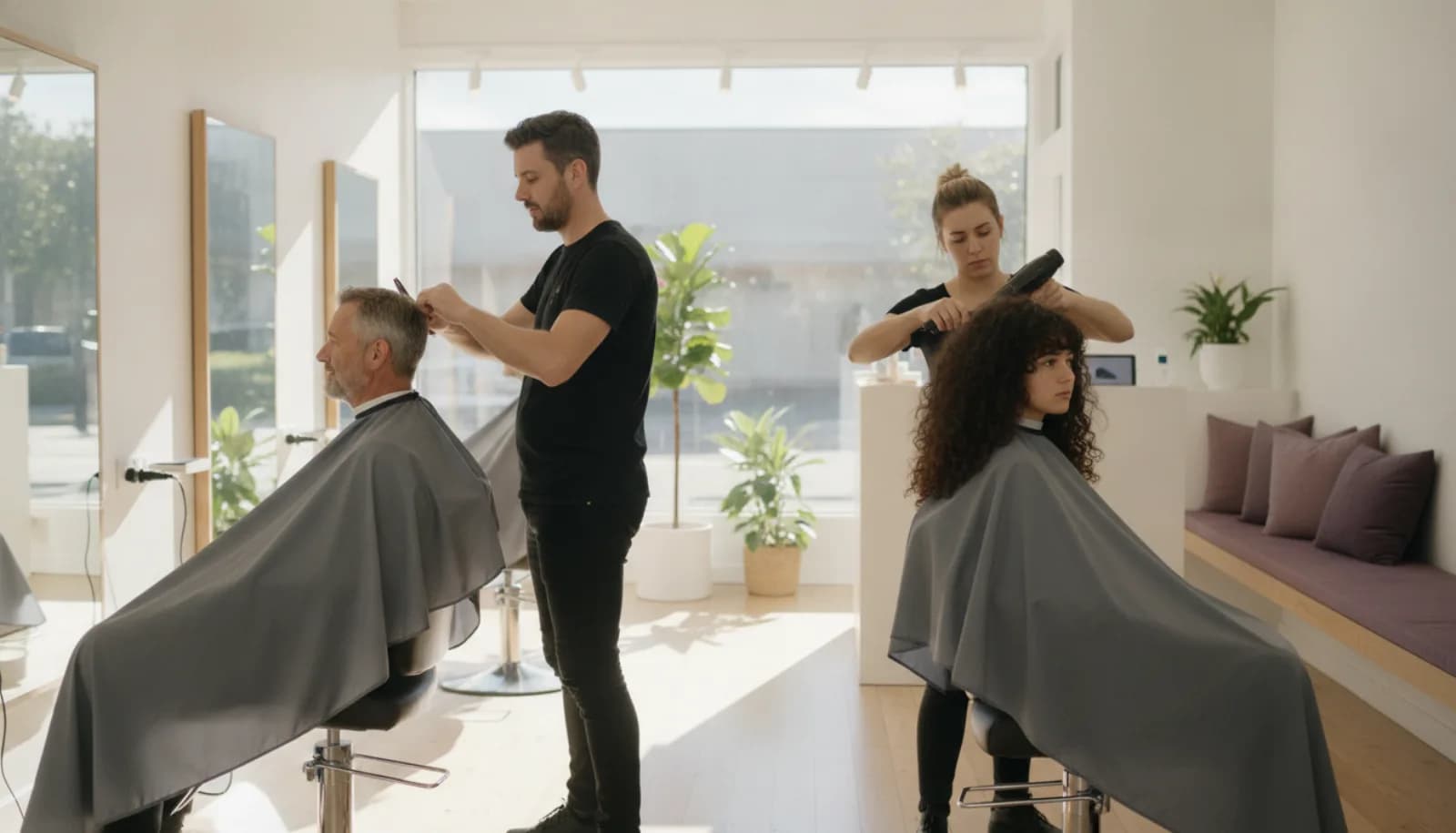 A busy franchise salon in a shopping strip with stylists at every chair