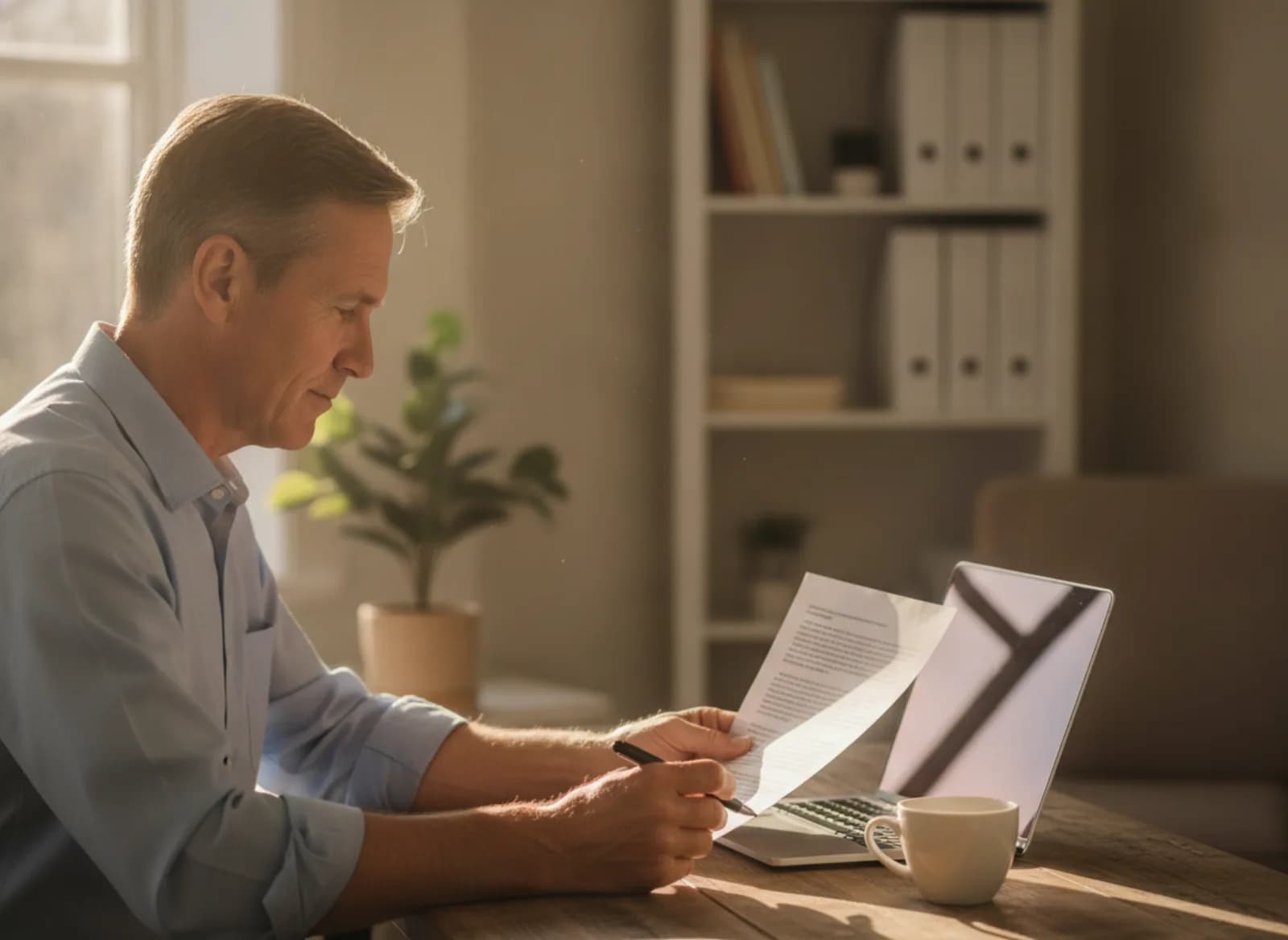 A franchisor reviewing the network's price list at an office desk in the morning
