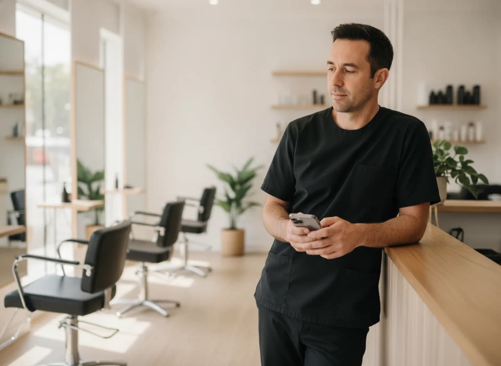 A franchisee at the counter of a quiet salon checking a phone