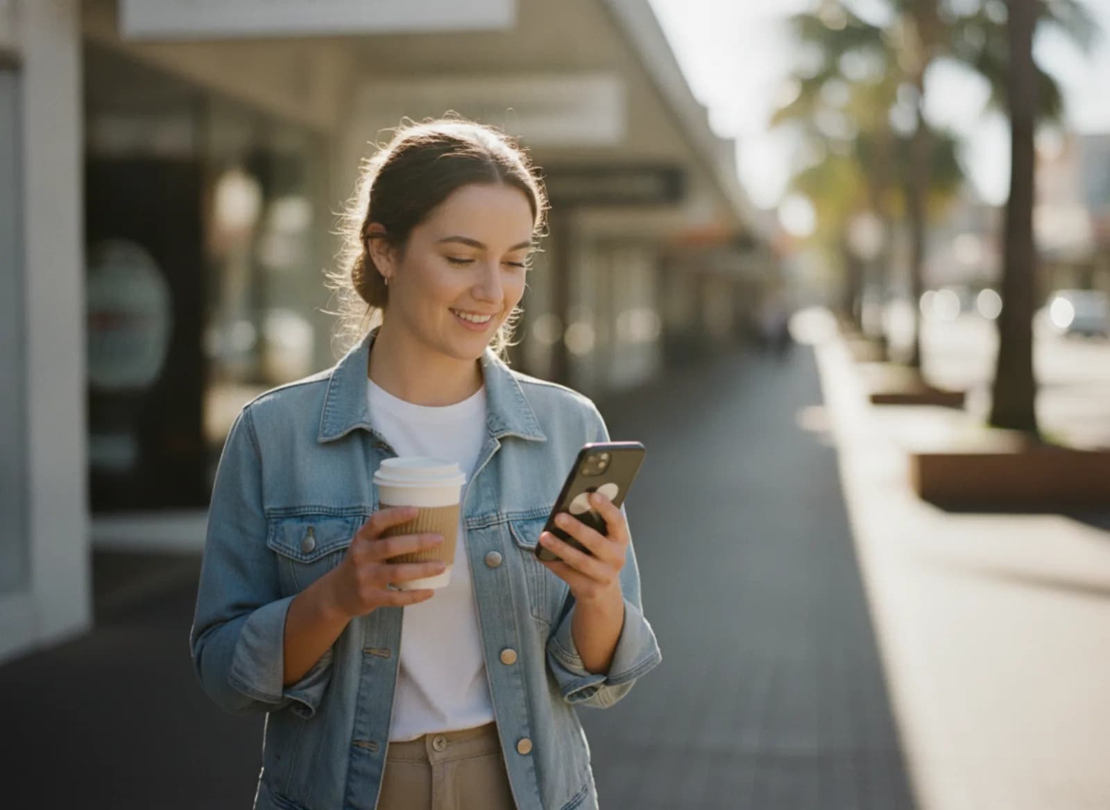 A client walking along a shopping strip reading a text about a nearby salon
