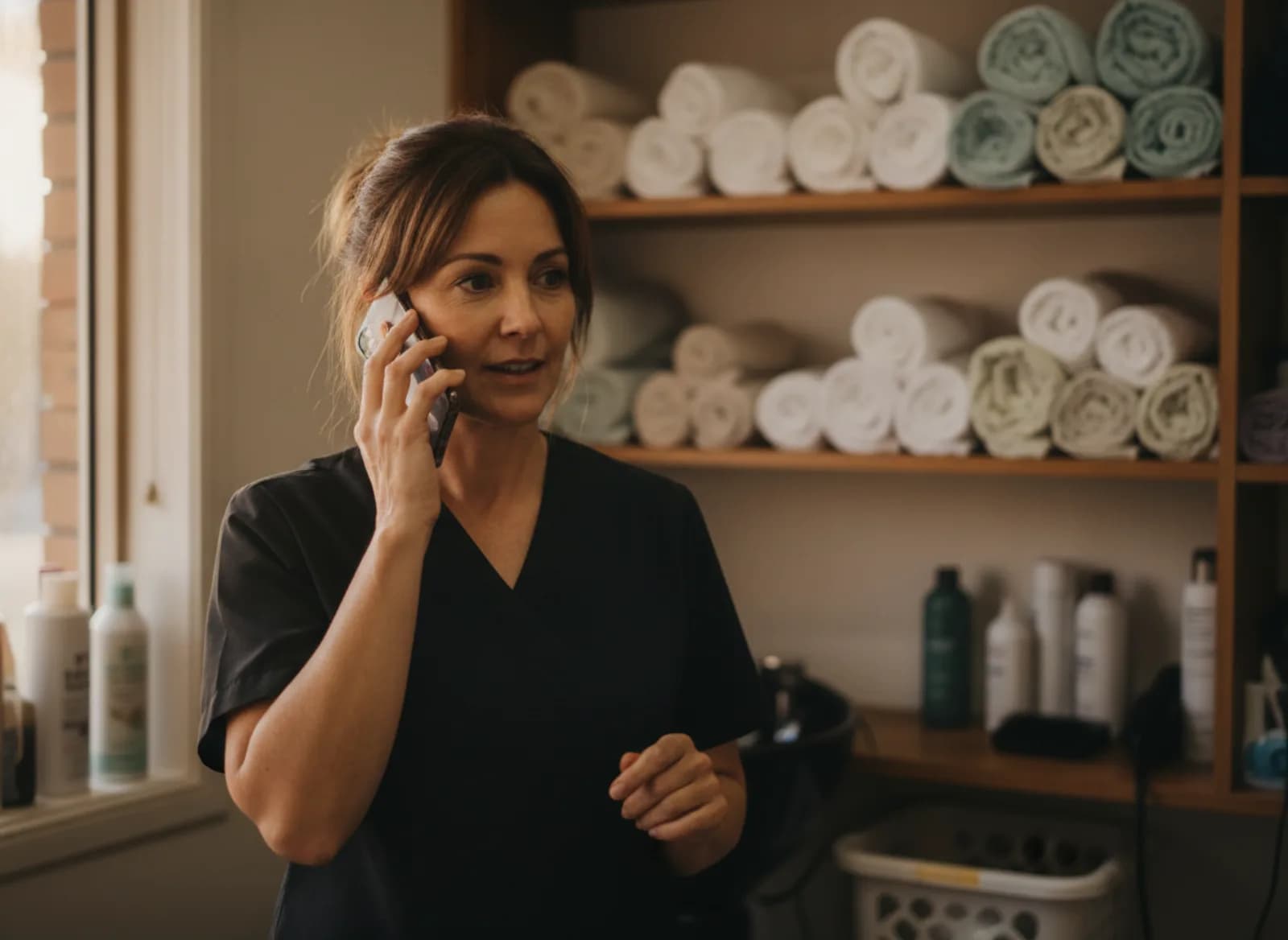 A franchisee on a phone call in the back room of a salon, listening closely