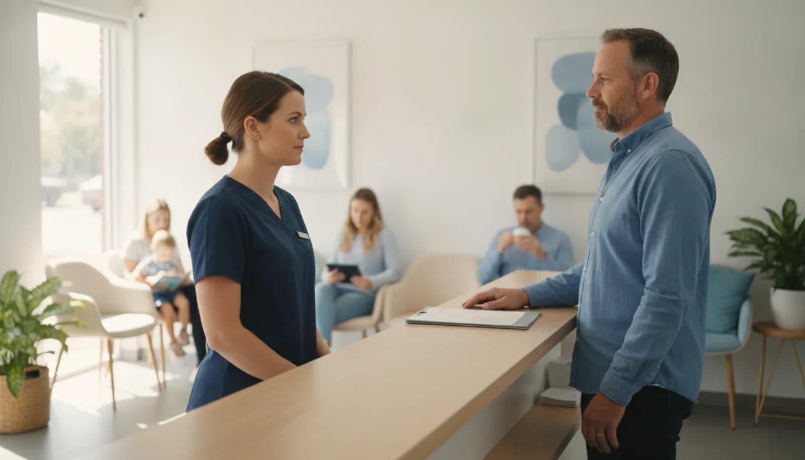 A receptionist talking with a patient across a clinic counter while the waiting room fills