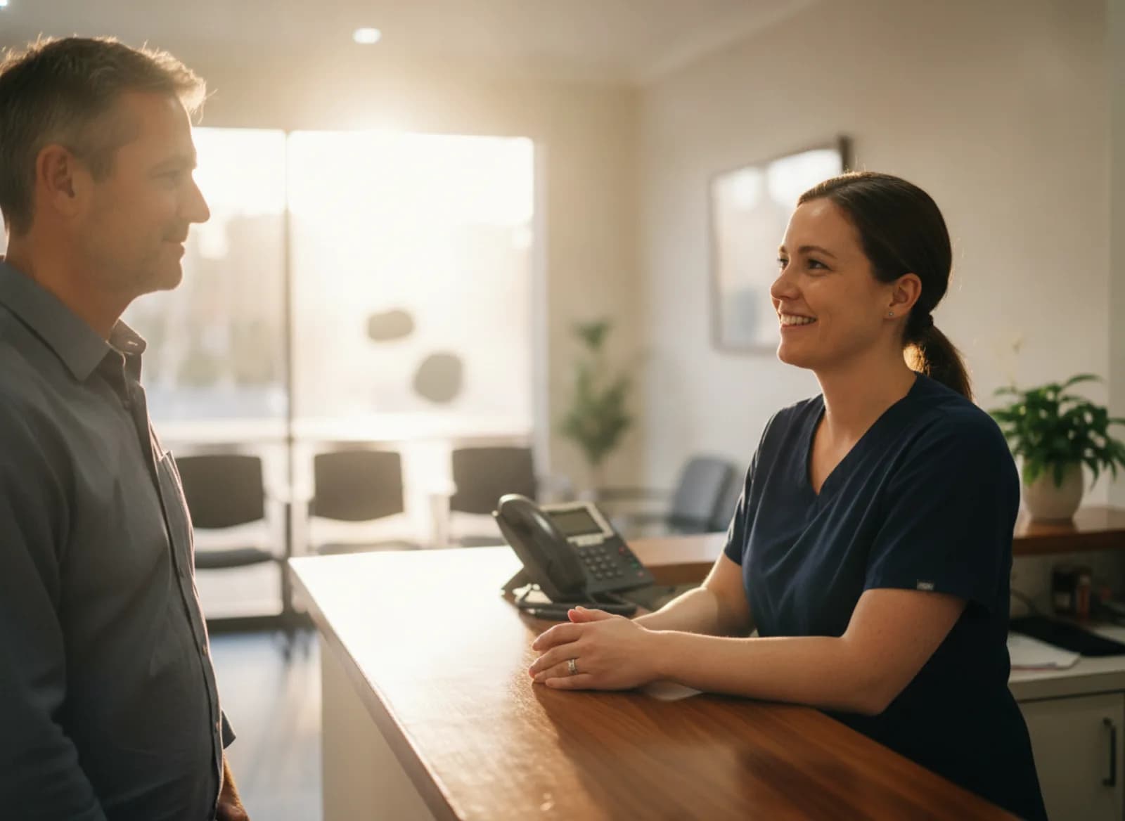 A receptionist checking in a patient at the counter first thing in the morning
