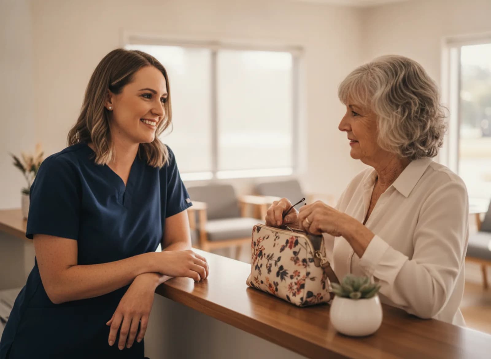 A receptionist chatting with an older patient at the counter
