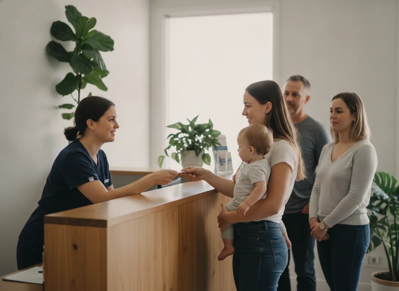 A receptionist handing a patient their card back at a busy counter