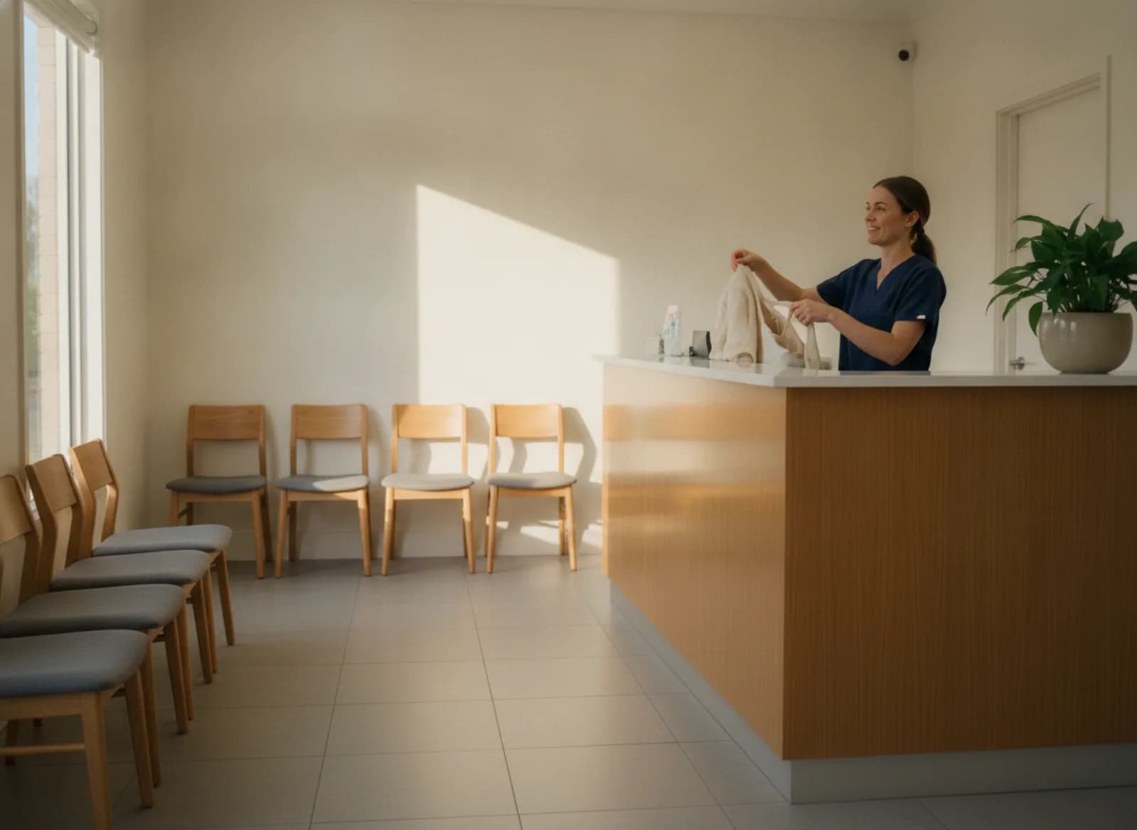 A receptionist tidying the front desk at the end of the day