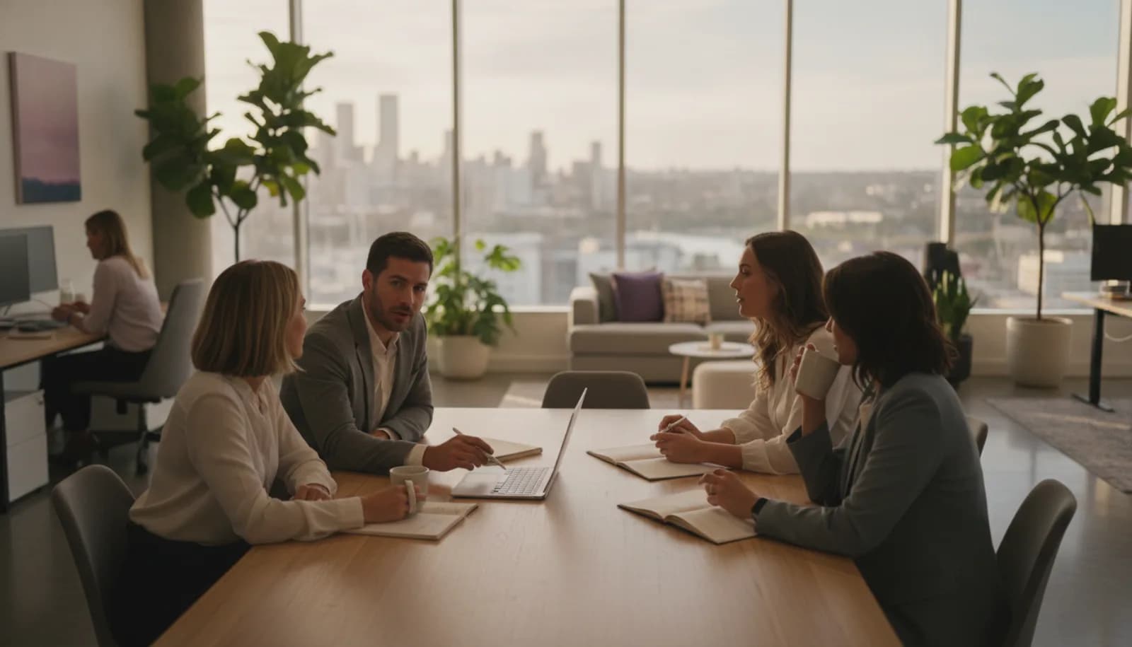 A head office team meeting around a table, reviewing their salons together