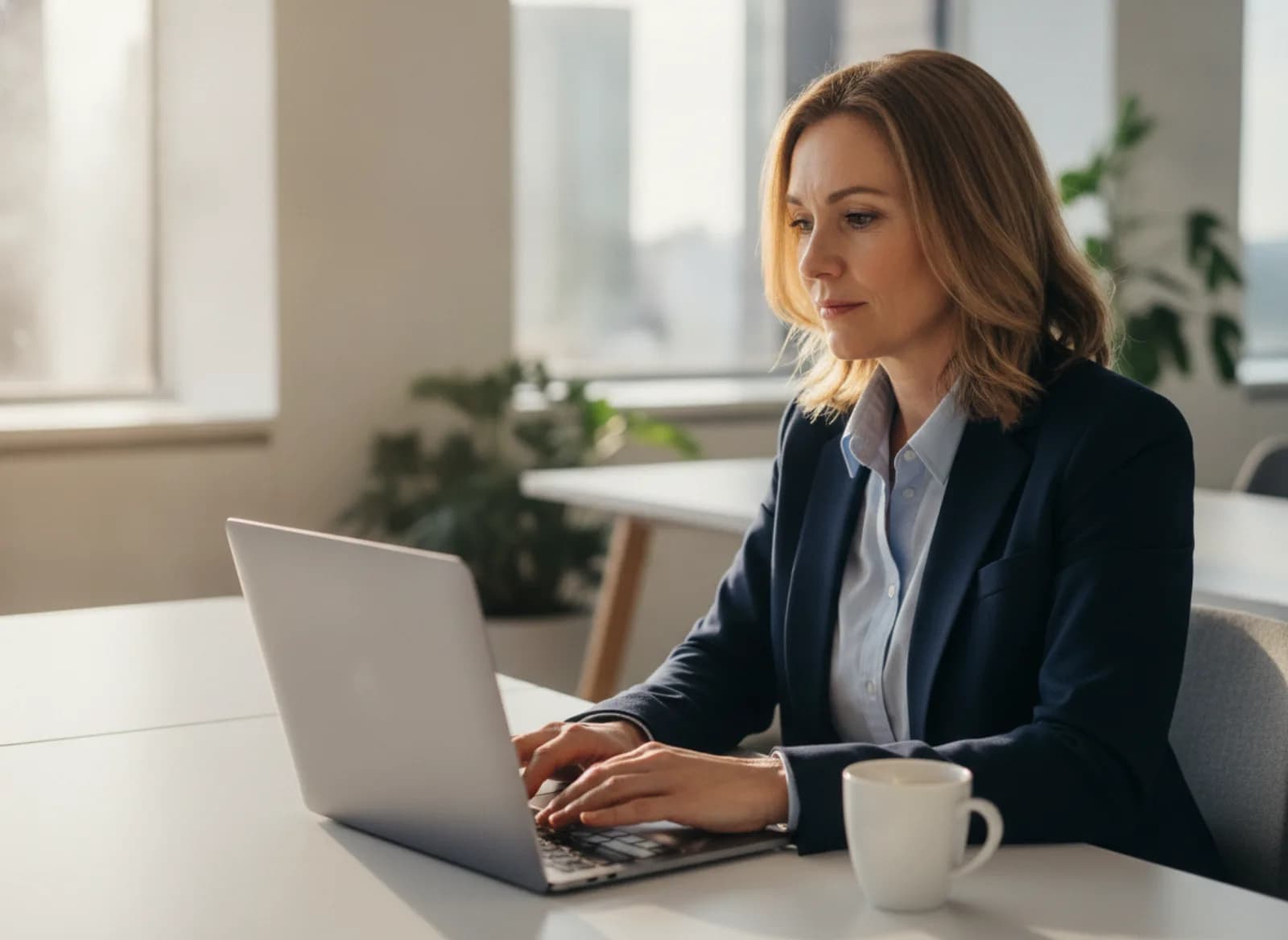 A head office manager at her desk early in the morning with a coffee