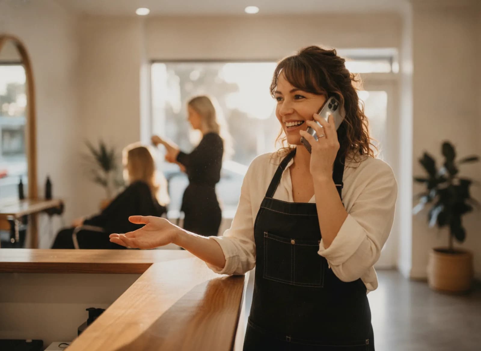A salon owner talking on the phone at her counter