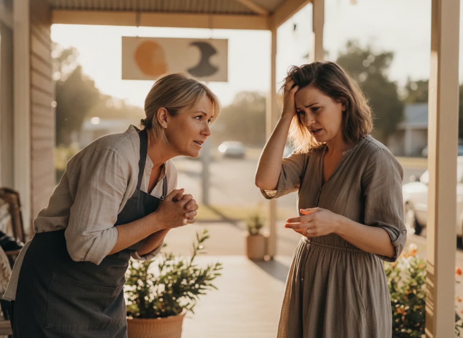 A salon owner talking kindly with an unhappy client at the front of the salon