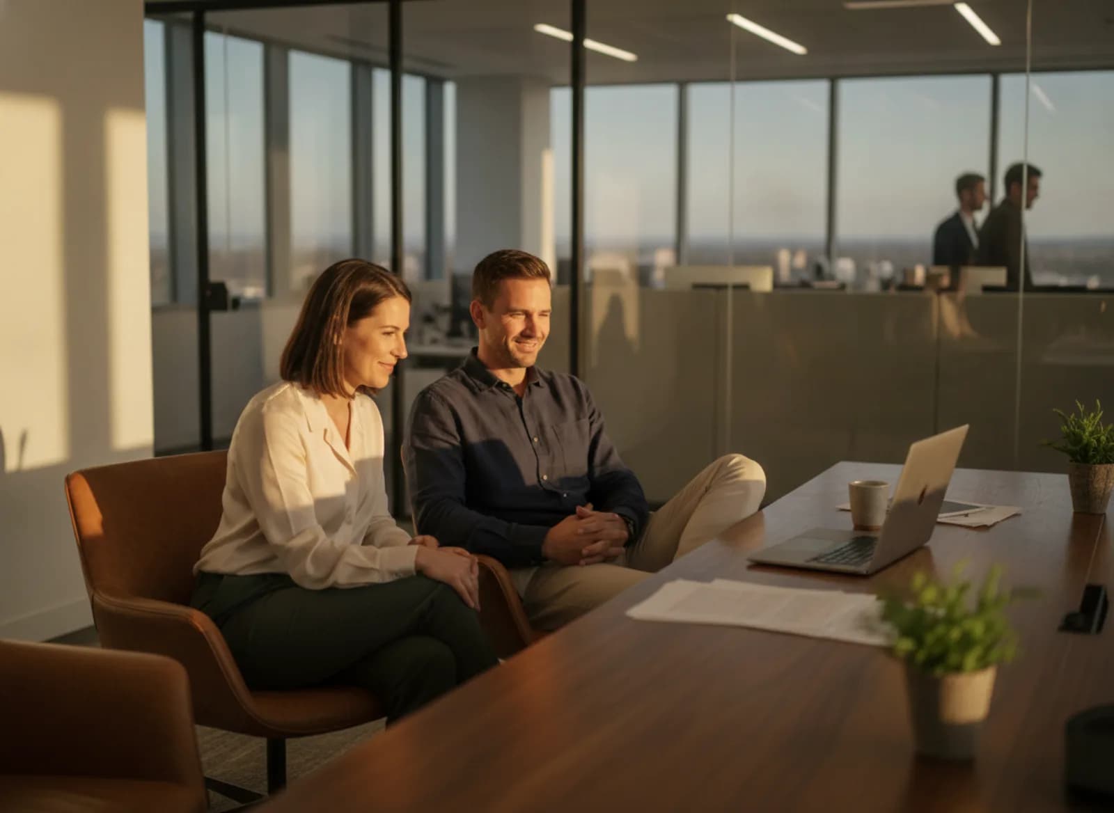 Two head office managers reviewing the day together at a laptop