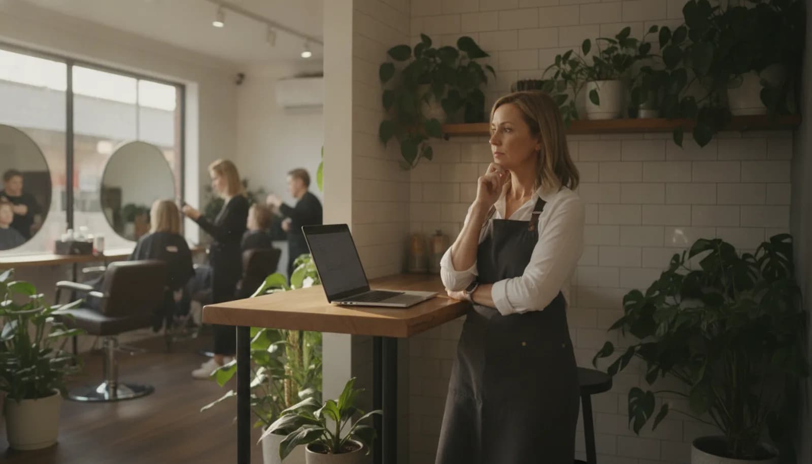 A salon owner thinking at a laptop while the busy salon floor carries on behind her