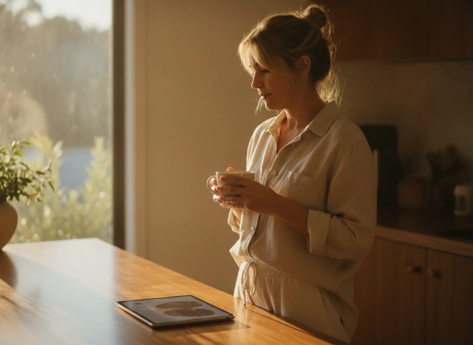 A salon owner with a coffee glancing at a tablet at home
