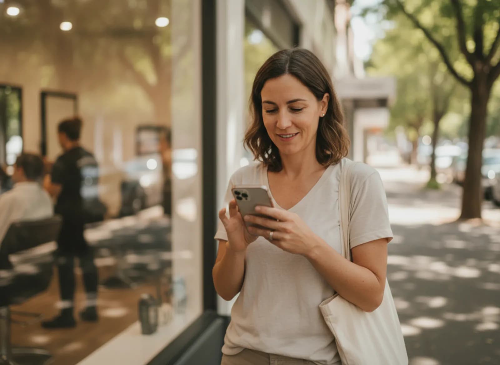 A client outside a busy salon reading her phone