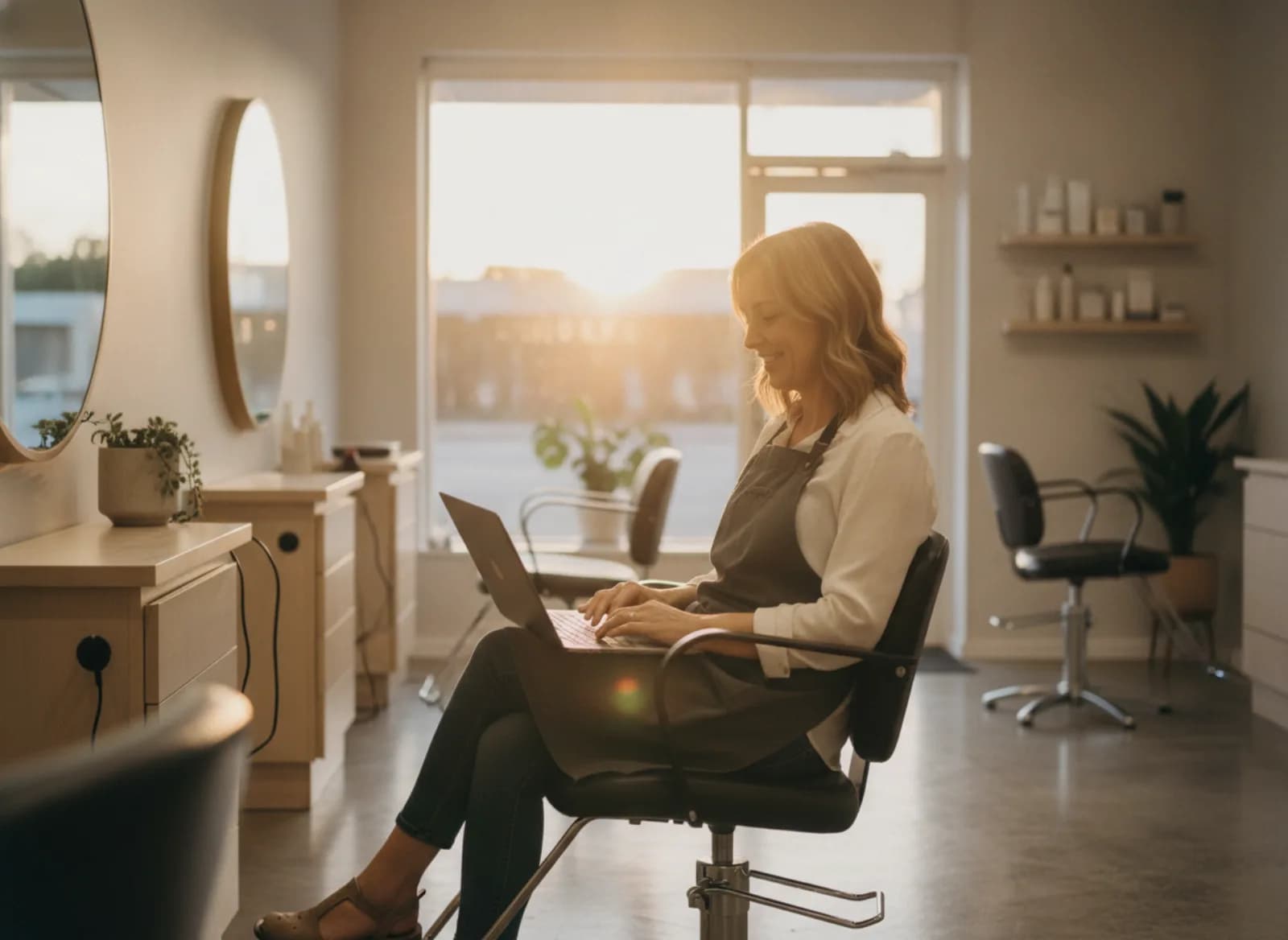 A salon owner reviewing the day on a laptop in her empty salon